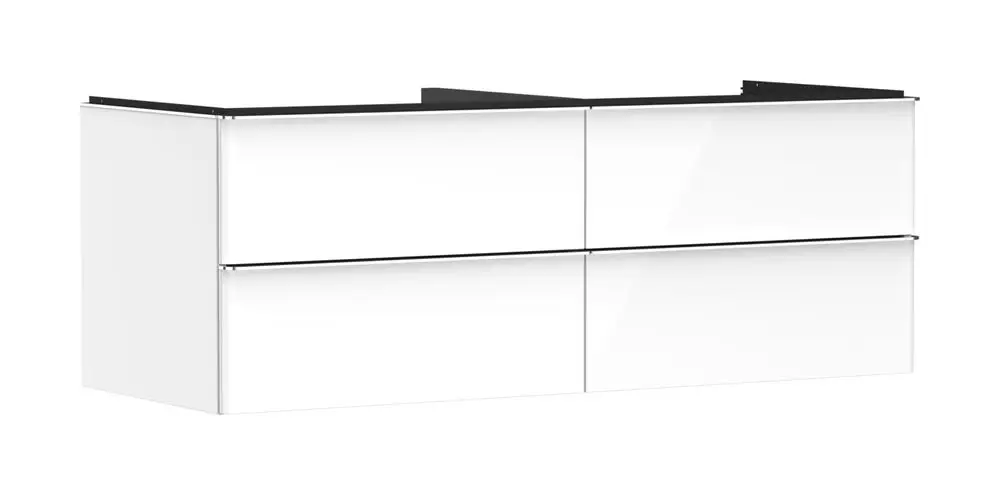 Weißer Waschtischunterschrank mit vier Schubkästen von Hansgrohe. Klare Linien und modernes Design, geeignet für Aufsatzwaschtische.